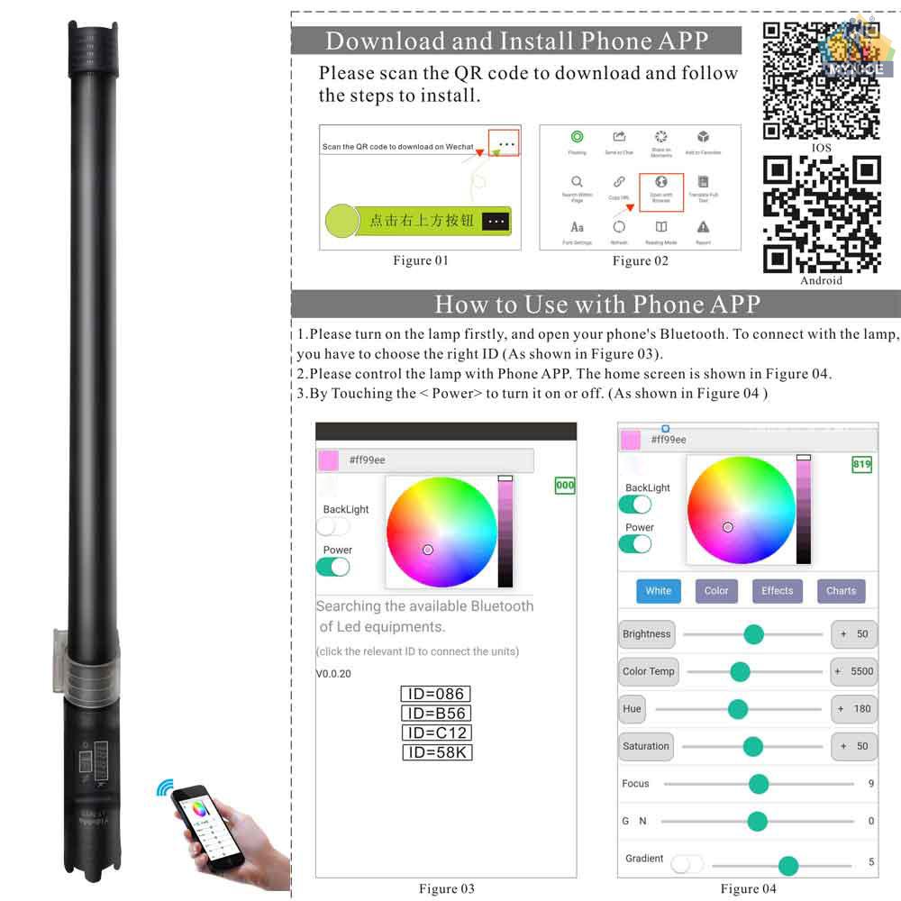Đèn LED Chụp Ảnh Cầm Tay 40W 2800K-9990K Bi Màu Sắc Điều Chỉnh Được Nhiệt Độ 116cm