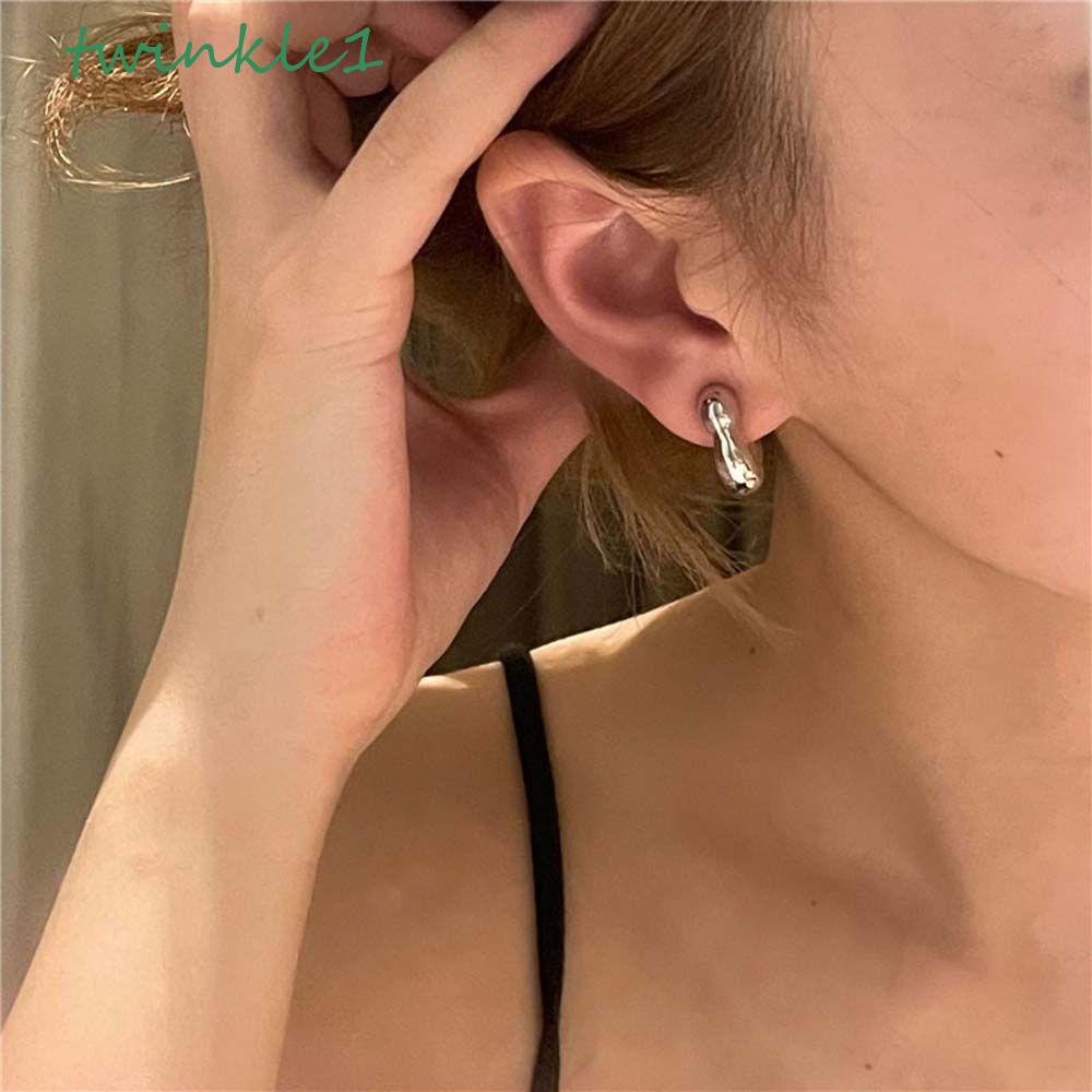 Bông Tai Mạ Bạc 925 Hình Tròn Lấp Lánh Phong Cách Pháp|Khuyên Tai Kim Loại Hình Hoa Chữ C Thời Trang Cho Nữ