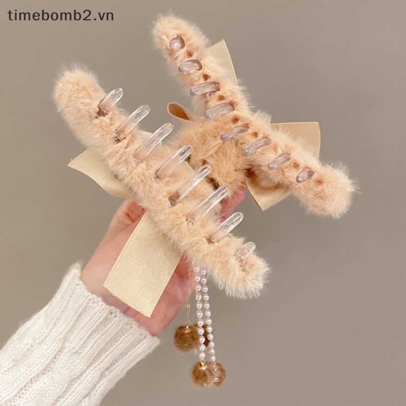 {Timebomb} Kẹp Tóc Càng Cua Dày Đính Nơ Tua Rua Dễ Thương Mùa Đông Cho Nữ