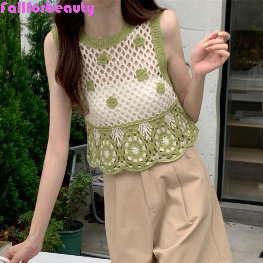 Áo Croptop Cotton Dệt Kim Không Tay Dáng Rộng In Họa Tiết Hoa Dễ Thương Phong Cách Hàn Quốc Thời Trang Đi Biển Cho Nữ