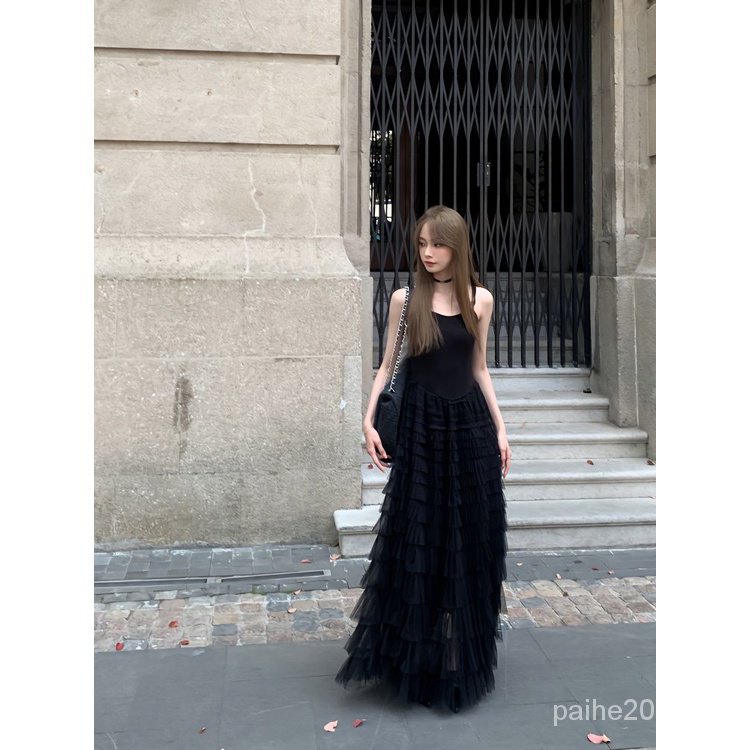 PaiHO❤20230725❤ French retro sling dress women's summer 2023 new high-end waist slimming mesh cake long dress C01Thời trang Phụ nữ quần áo đầm áo kiểu