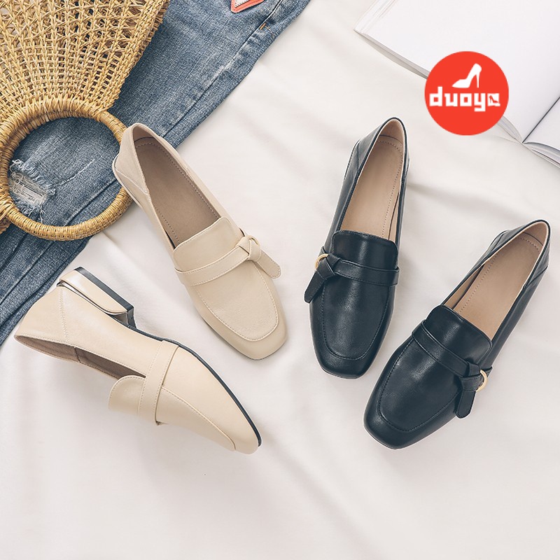 Duoya Giày Lười Da Mềm Gót Thấp Mũi Vuông Phong Cách Anh Quốc 2022 Cho Nữ