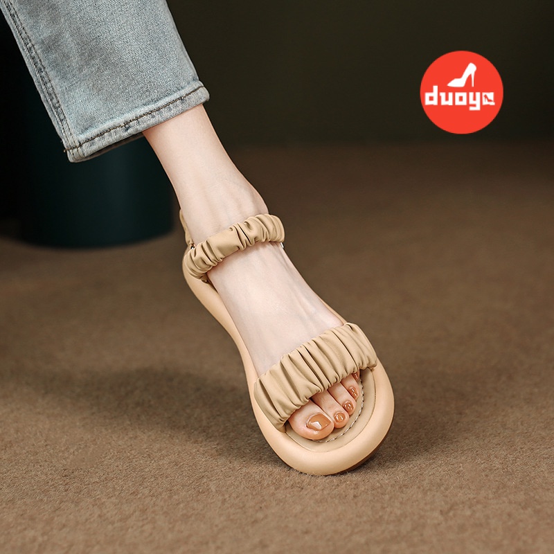 Duoya Tóc Thẳng ~ [Hàng Có Sẵn] Giày Sandal Xếp Ly Dây Đeo Một Dây Cỡ Lớn Dễ Phối Đồ Mùa Hè Dày Dặn Cho Nữ Miễn Phí Vận Chuyển