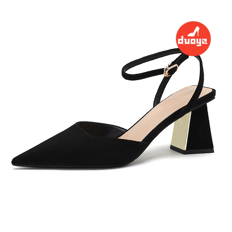 Duoya Giày Sandal Cao Gót Mũi Nhọn Đế Dày Bằng Da Lộn Màu Đen Có Khóa Cài Thời Trang Xuân Hè ~ [Hàng Có Sẵn] Miễn Phí Vận Chuyển Cho Nữ