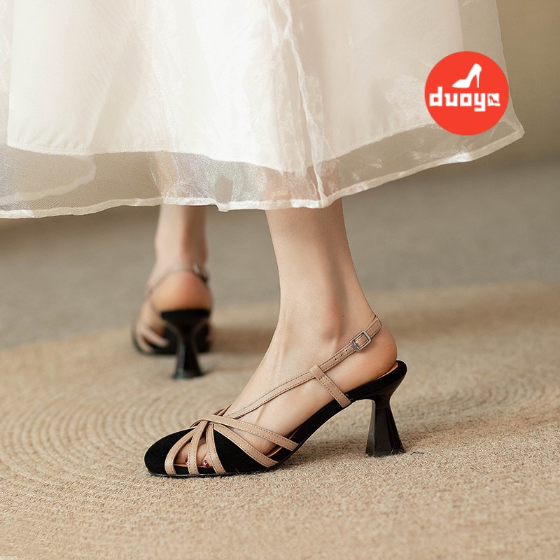 Duoya Thẳng Hàng Từ Nhà Máy ~ [Hàng Có Sẵn] Giày Sandal Cao Gót Dày Hở Ngón Bằng Da Mềm Có Khóa Cài Phong Cách Châu Âu Cho Nữ Miễn Phí