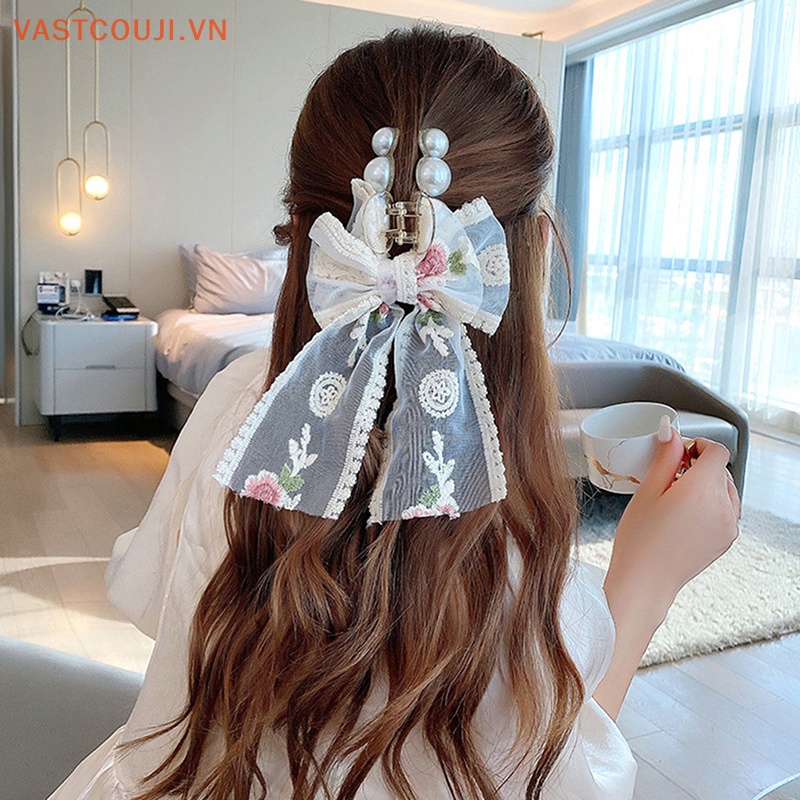 Kẹp Tóc Nơ Vải Ren Thêu Hoa Phong Cách Hàn Quốc Xinh Xắn Cho Bé Gái