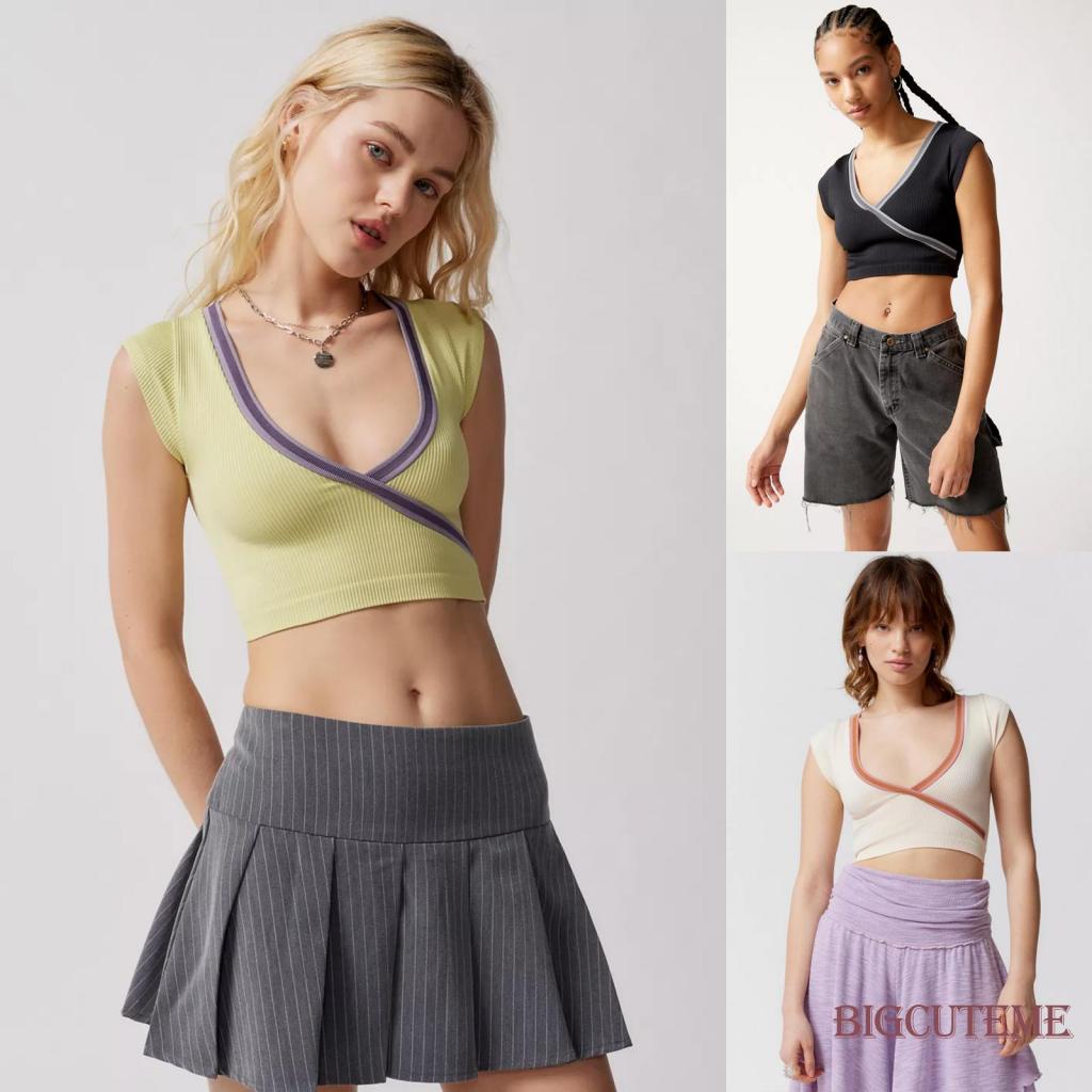 Áo Croptop Cổ Chữ V Màu Sắc Tương Phản Thời Trang Mùa Hè Cho Nữ