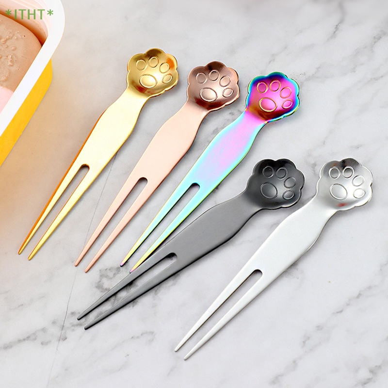 Bộ Muỗng Nĩa Ăn Tráng Miệng Bằng Thép Không Gỉ Hình Chân Mèo Dễ Thương Mới