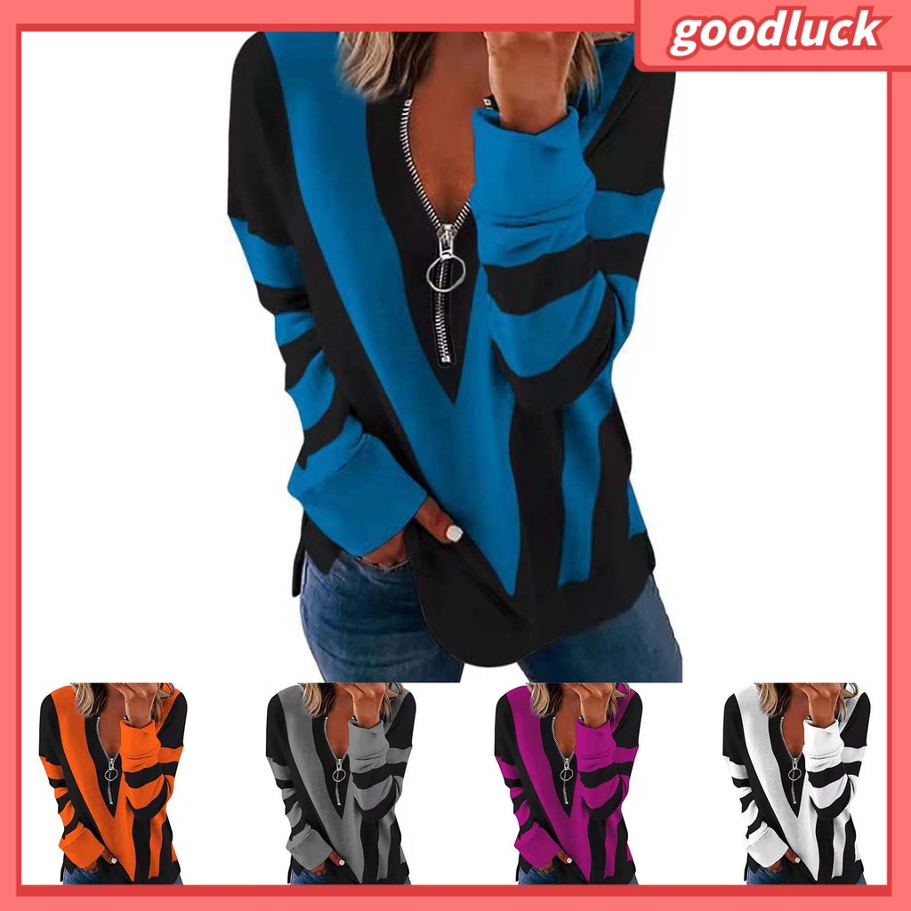 Áo Kiểu Tay Dài Mềm Mại Co Giãn Cổ Chữ V In Họa Tiết Kẻ Sọc Phối Khóa Kéo Cho Nữ