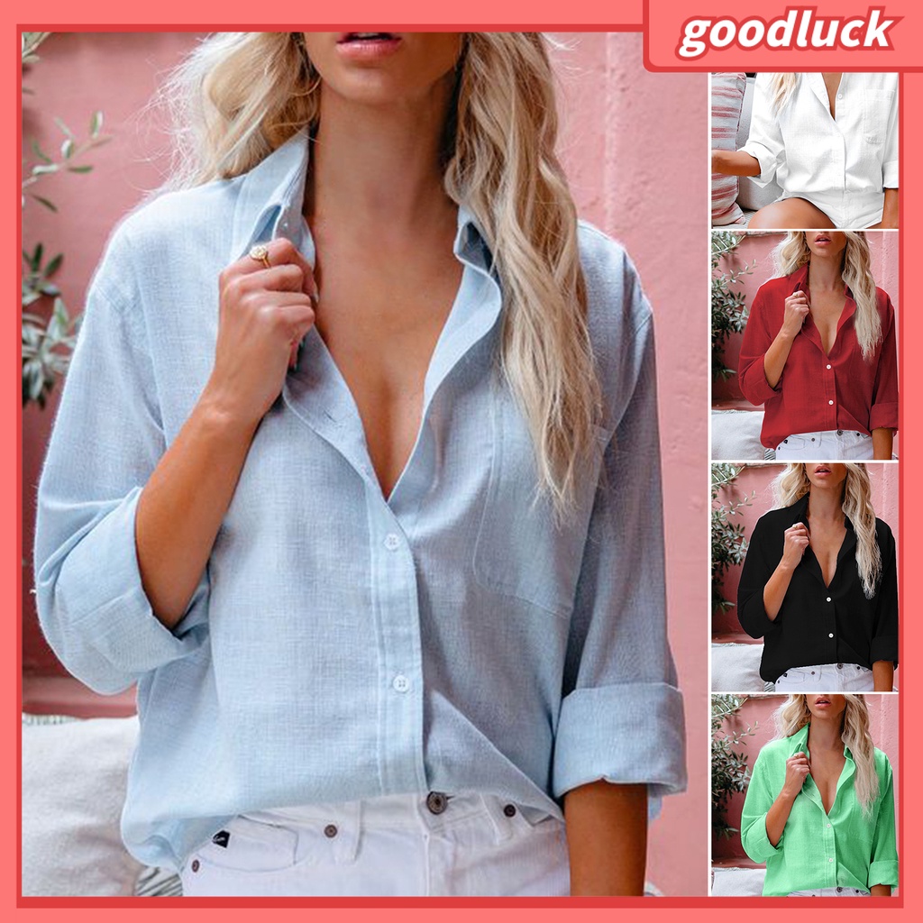 [ULK] Áo Sơ Mi Màu Trơn Cài Một Hàng Nút Thư Giãn Mùa Hè Thu Cho Nữ
