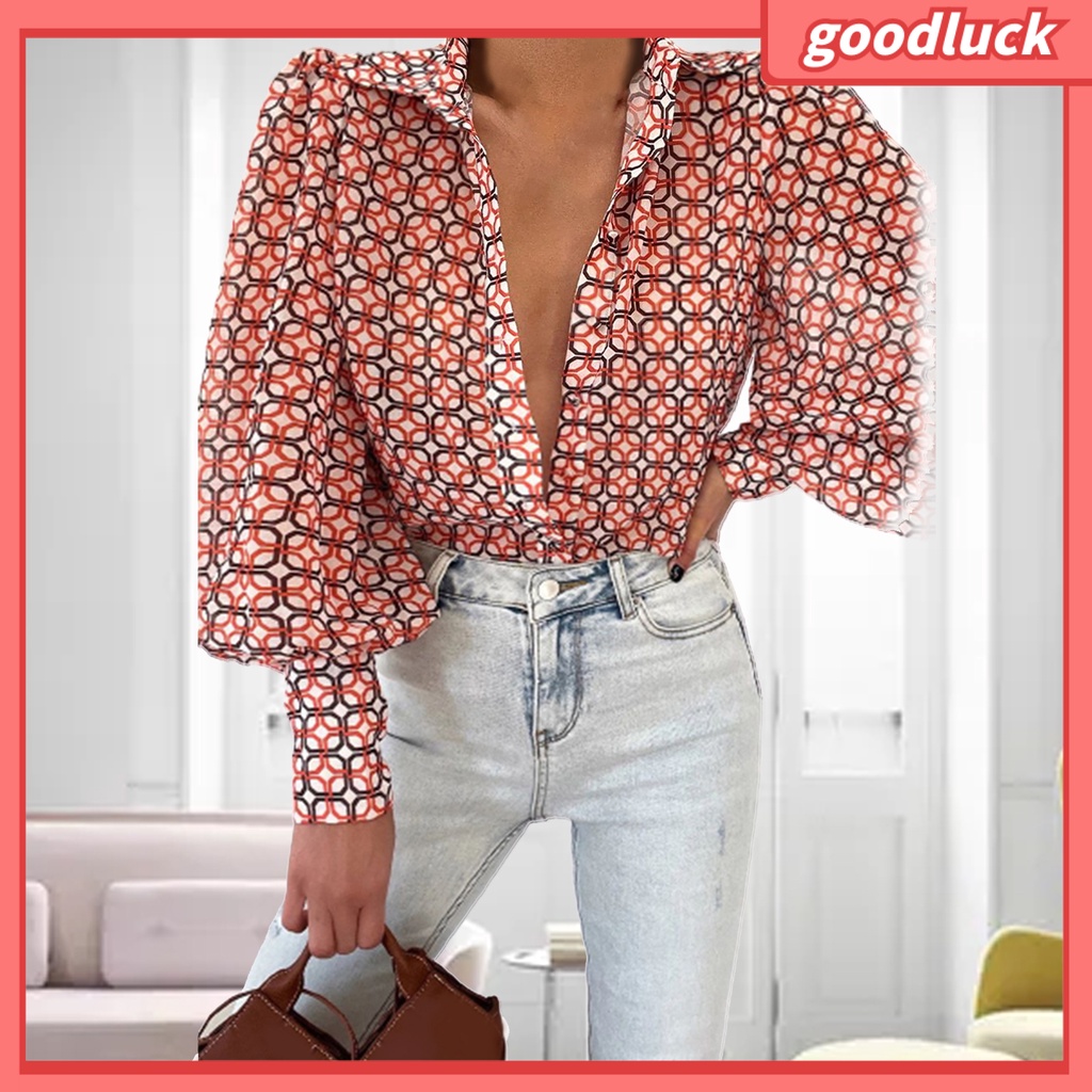 [ULK] Áo Sơ Mi Tay Phồng In Hoa Cổ Bẻ Cài Một Hàng Nút Rộng Phong Cách Vintage Cho Nữ
