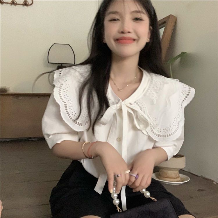 Áo Sơ Mi Trắng Tay Phồng Cổ Búp Bê Thiết Kế Mới Ngọt Ngào Thời Trang Dành Cho Mùa Hè