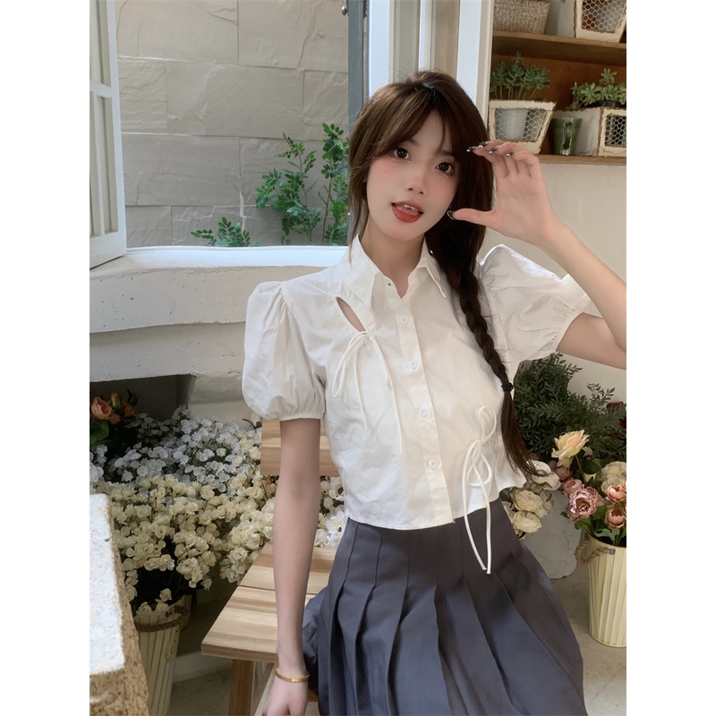 Áo Kiểu Tay Ngắn Cổ Polo Thiết Kế Dây Rút Thời Trang Mùa Hè Phong Cách Mới Cho Nữ