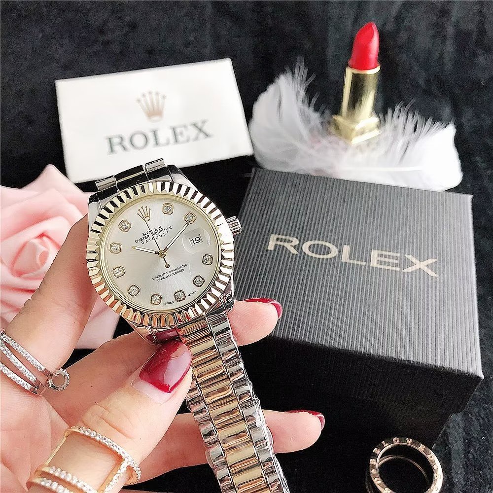 Đồng Hồ Rolex Mặt Tròn Đính Kim Cương Dây Da Thép Không Gỉ Thời Trang Cho Cặp Đôi