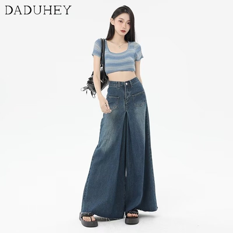 DaDuHey New Korean Version of Ins Raw Edge Jeans Women's High Waist Loose Wide Leg Pants Large Size Trousers