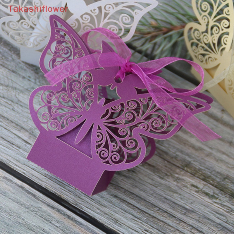 Set 10 Hộp Đựng Kẹo Cưới Thiết Kế Rỗng Họa Tiết Bươm Bướm Kèm Dây Ruy Băng Xinh Xắn