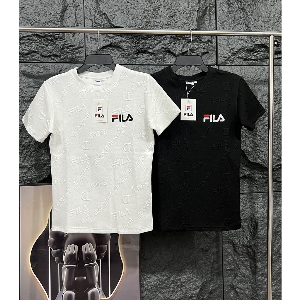 Áo Thun Nam Tay Ngắn Cổ Tròn Dập Vân Nổi Hoa Văn Thêu Chữ Fila, Chất Thun Cotton