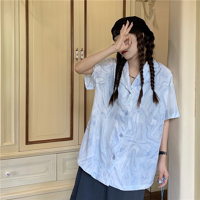 Áo Sơ Mi Tay Ngắn Dáng Rộng Họa Tiết Màu Nhuộm Thời Trang Cá Tính