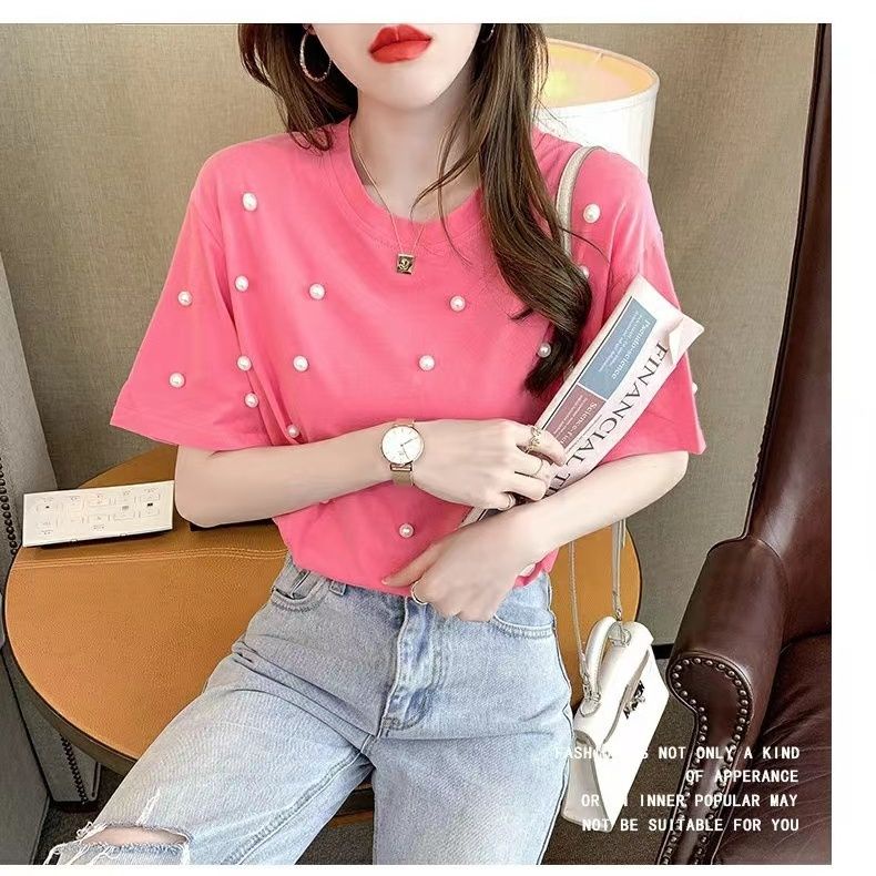 Áo Thun Tay Ngắn Dáng Rộng Đính Hạt Thời Trang Mùa Hè Sang Trọng Cho Nữ