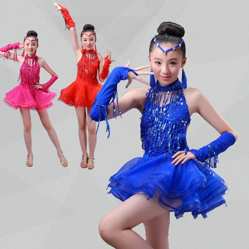 Đầm Khiêu Vũ Tua Rua Đính Kim Sa Salsa Samba Dành Cho Bé Gái