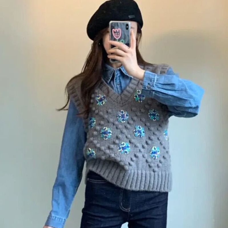 Áo Dệt Kim Sát Nách Dáng Rộng Kiểu Vintage Hàn Quốc Cá Tính Cho Nữ