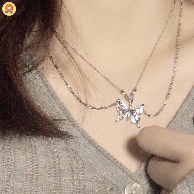 Vòng cổ Hai Lớp Mặt Hình Trái Tim Và Bướm Phong Cách Hip Hop Kpop Cho Nữ HGF HYJP2