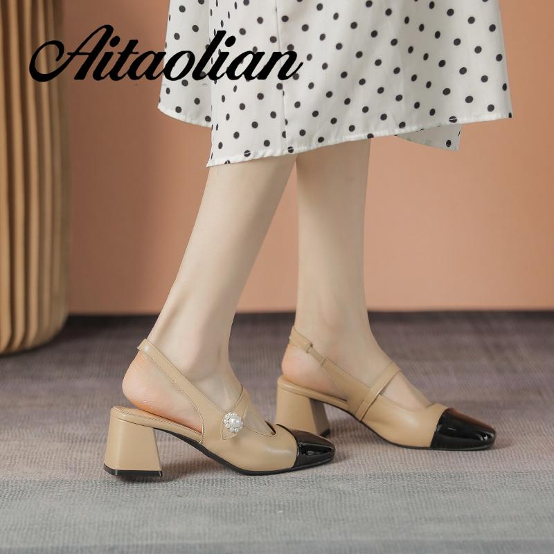 Xăng đan Cao Gót 5cm Bằng Da Thật Mũi Tròn Đế Mềm Màu Trơn Cho Nữ