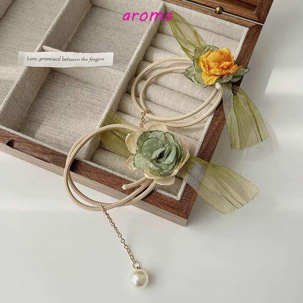 Dây Cột Tóc Đuôi Ngựa Co Giãn In Họa Tiết Hoa Xinh Xắn Thời Trang Cho Nữ Giá Đỡ