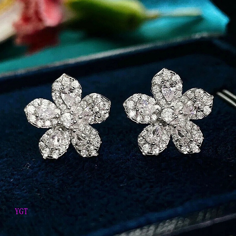 Ygt Bông Tai Đính Đá Zircon Màu Bạc Hình Hoa Thời Trang Cho Nữ
