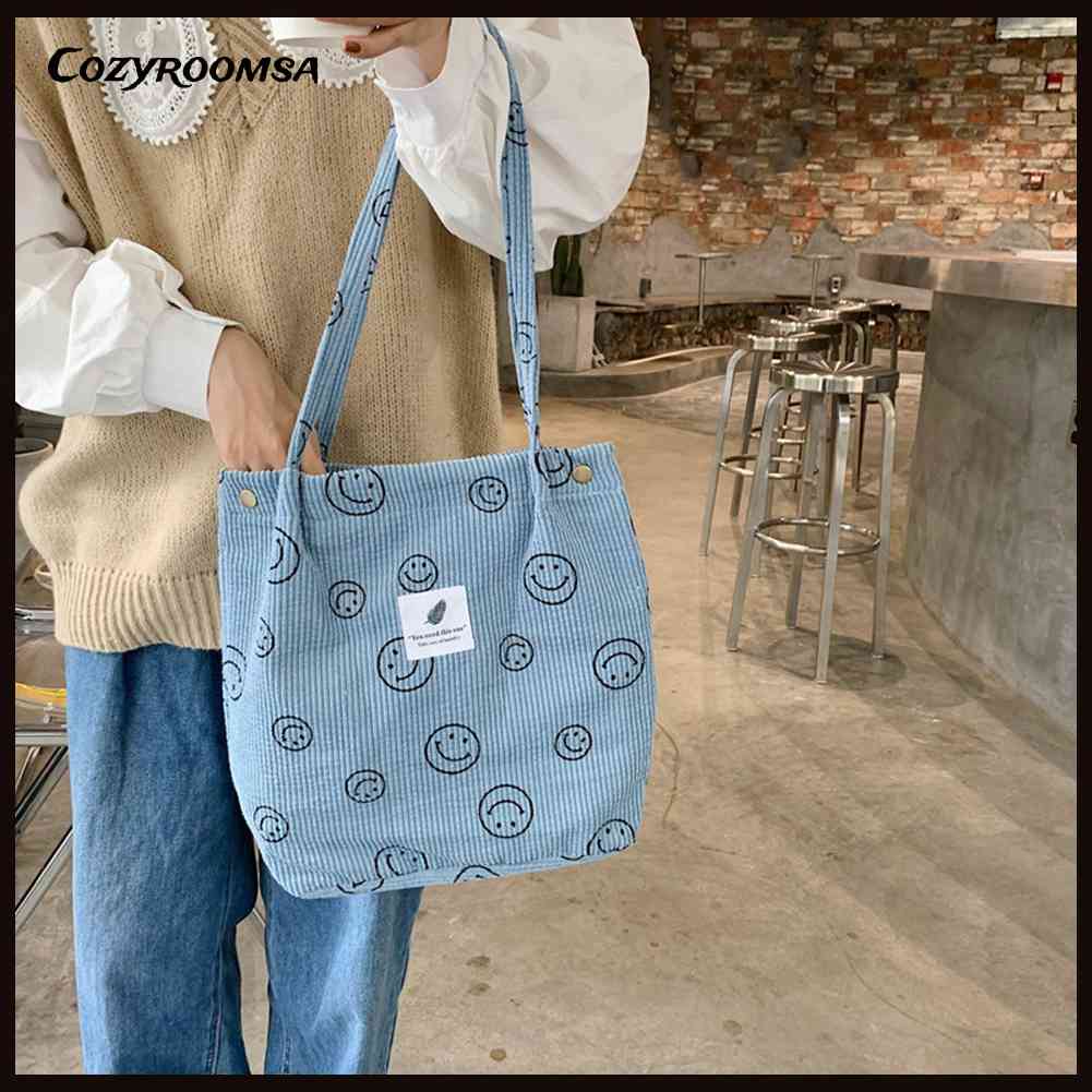 Túi Xách Tote Vải Nhung Kẻ Retro Hình Mặt Cười Dễ Thương Cho Nữ Sinh