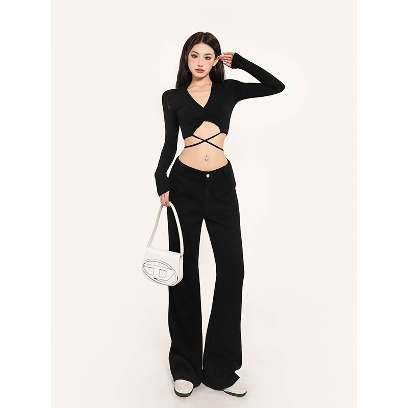 [F &amp; X] Áo Thun Đen Ngắn Mỏng Tay Dài Cổ Chữ V Thiết Kế Chéo Dây Gợi Cảm Cho Nữ