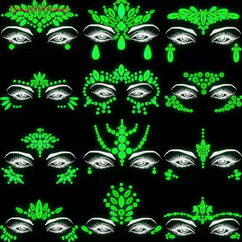 (Takashiflower) Hình Xăm Dán Mặt / Cơ Thể Dạ Quang Đính Đá Quý Phát Sáng Trong Bóng Tối