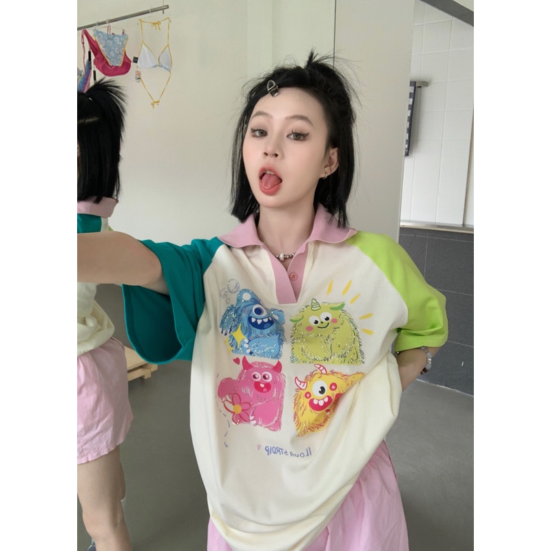 Áo polo Ngắn Tay Dáng Rộng In Họa Tiết Tương Phản Thời Trang Mùa Hè Mới