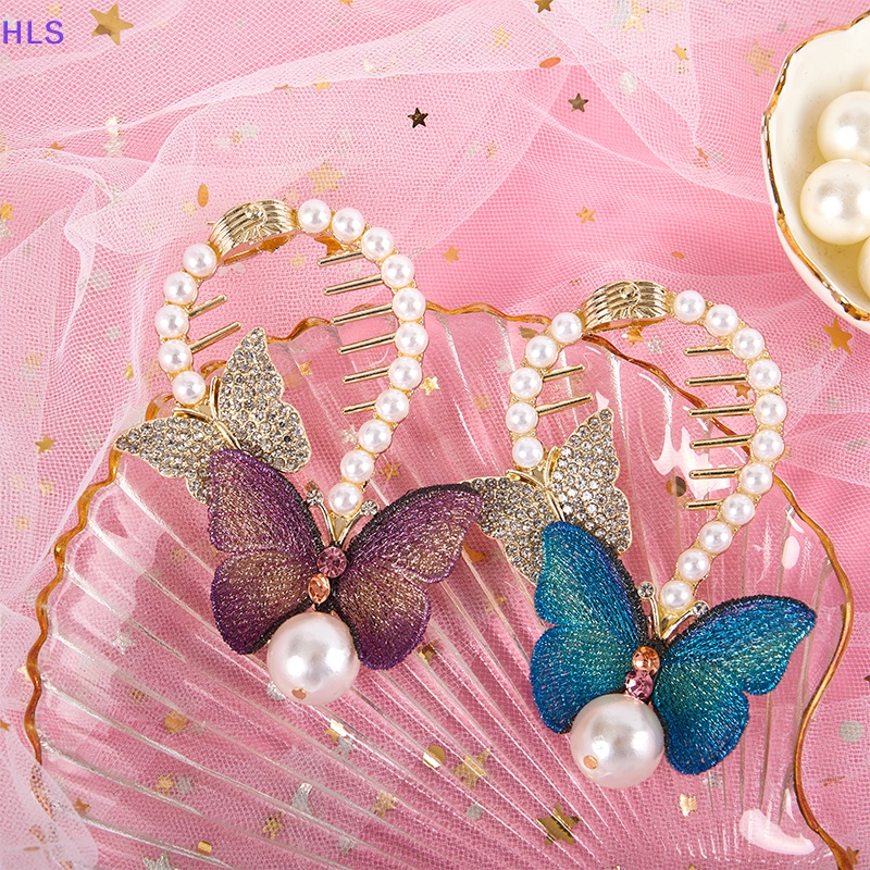 Kẹp Tóc Càng Cua Thêu Hình Bướm Đính Đá &amp; Ngọc Trai Cho Nữ