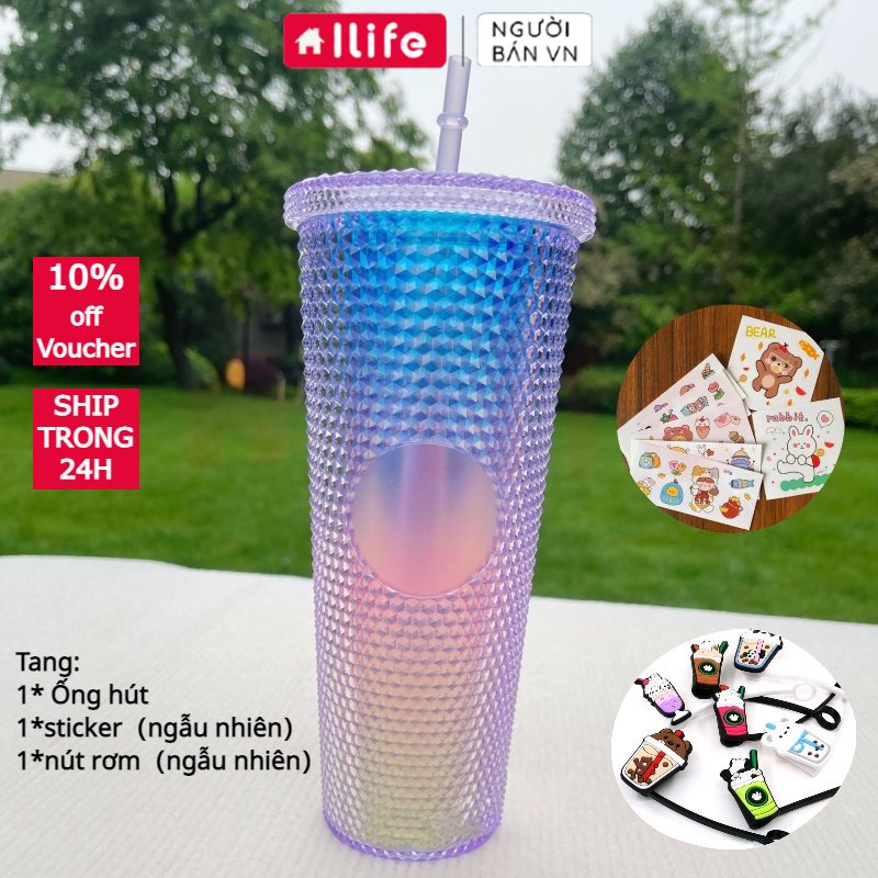 ILIFE Cốc Uống Nước Kim Cương Starbuck 2 Lớp Cao Cấp, Chất Liệu PP Cách Nhiệt 2-3h,Tặng Kèm ống Hút,sticker,Nút Đậy