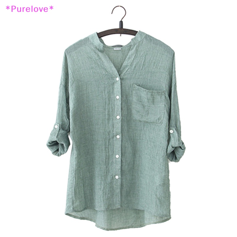 Áo Sơ Mi Vải Lanh Dài Tay Dáng Rộng Phối Nút Thời Trang Mùa Thu Cho Nữ Mới