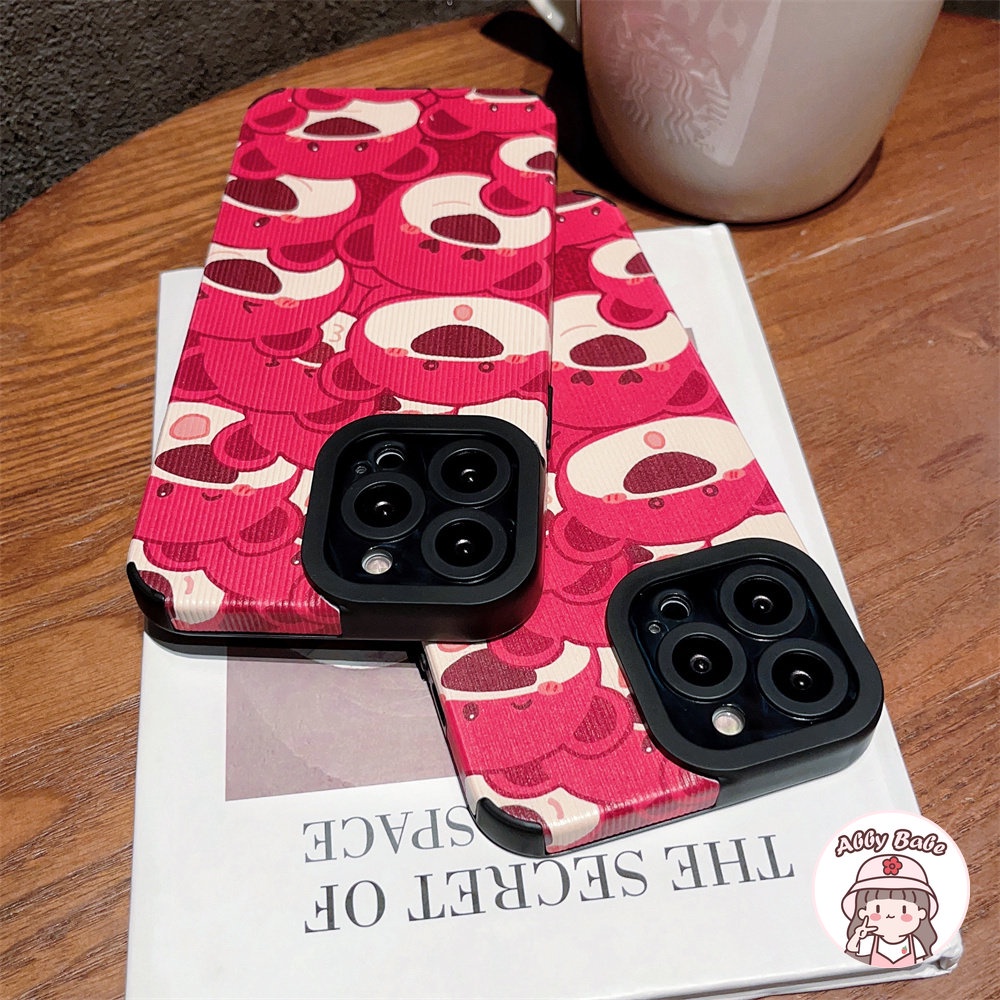 Ốp Điện Thoại Da Giả Viền TPU Dẻo Họa Tiết Chú Gấu &amp; Dâu Tây Màu Hồng Cho IPhone 14 Pro Max 11 12 11 Pro Max X 7Plus