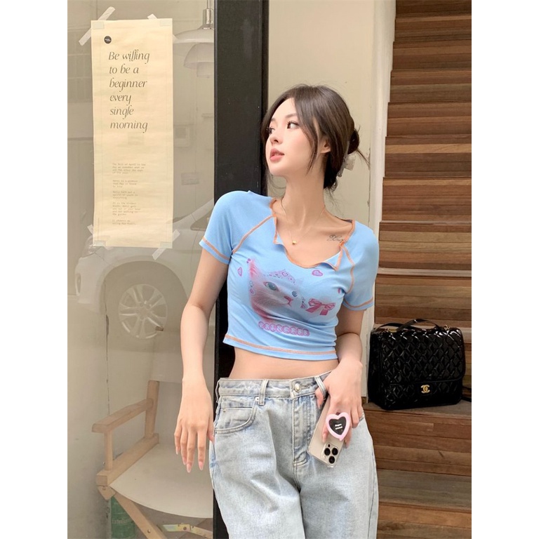 Áo baby tee Thun croptop Croptop Tay Ngắn Cổ Chữ U In Hình Mèo Thời Trang Mùa Hè Dành Cho Nữ