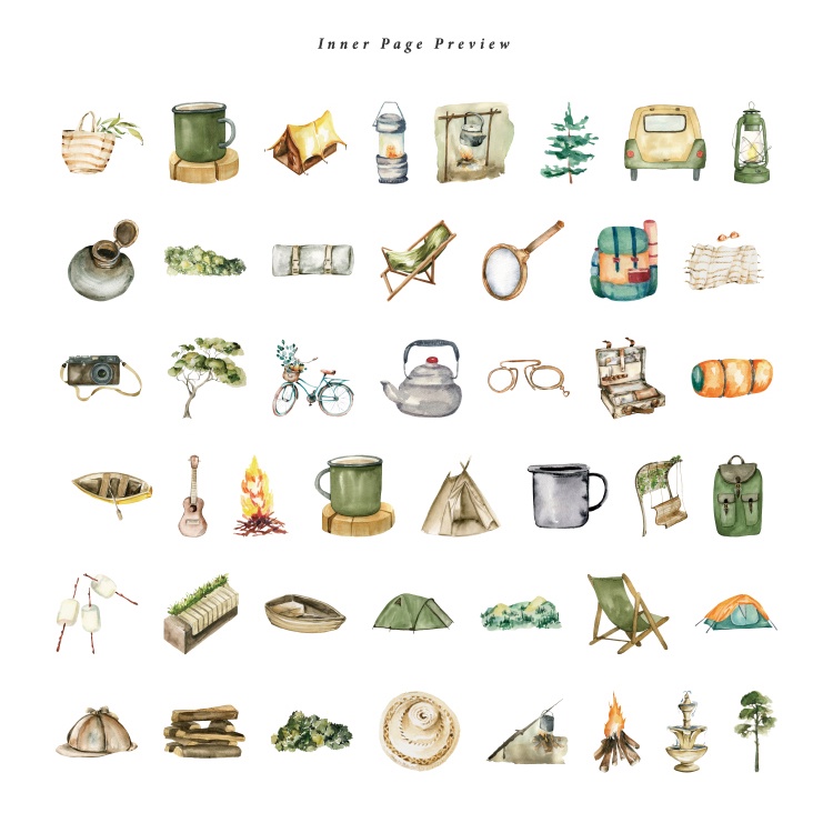 Set 45 Sticker Dán Trang Trí Sổ Tay Hình Thời Gian Cắm Trại