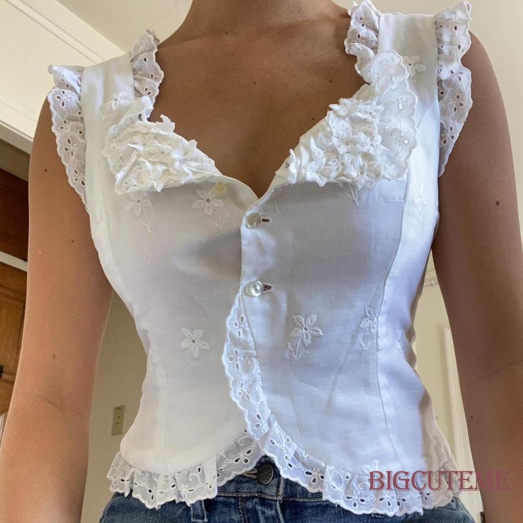 [] Áo Crop Top Không Tay Màu Trơn Cài Nút Xuống Phối Ren Thời Trang Mùa Hè Cho Nữ