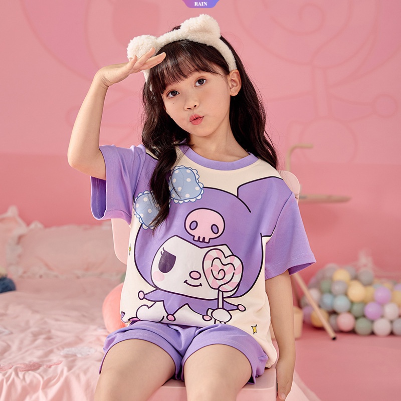 SANRIO Bộ Đồ Ngủ Tay Ngắn Dáng Rộng In Họa Tiết Hoạt Hình Gấu Cinnamoroll Kuromi / Dâu Tây Dễ Thương Thời Trang Mùa Hè Cho Bé