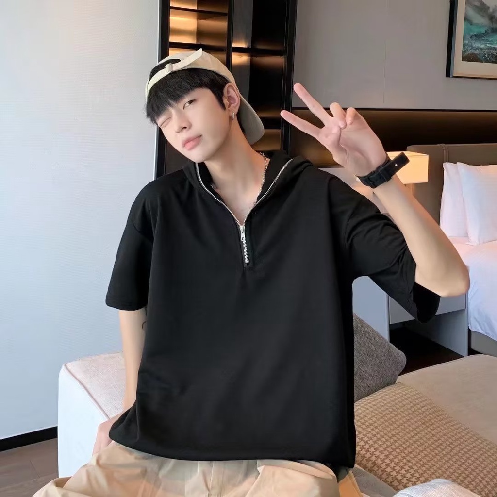 Áo Thun Lụa Lạnh Tay Ngắn Dáng Rộng Phối Khóa Kéo Thời Trang Mùa Hè Cho Nam Giới