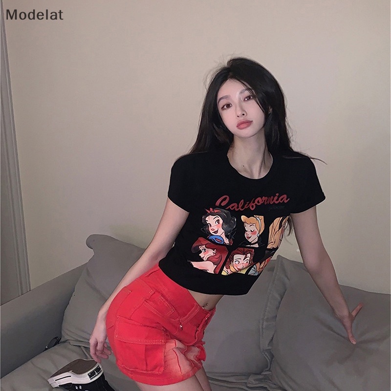 Áo Thun Croptop Tay Ngắn Cổ Tròn In Họa Tiết Hoạt Hình Thời Trang Mùa Hè Cho Nữ