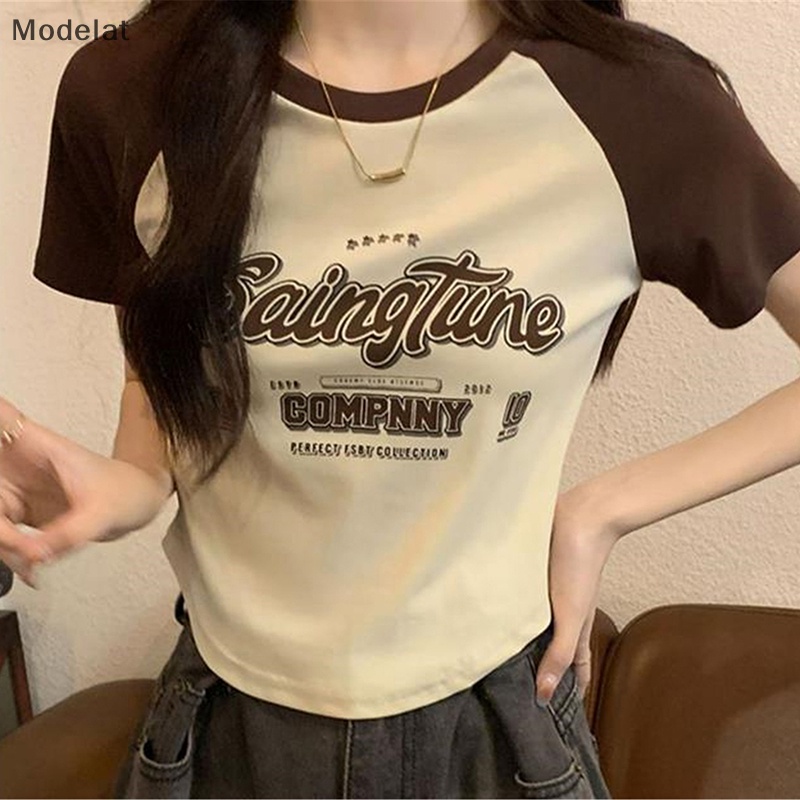 Áo Thun Tay Ngắn Cổ Tròn In Chữ Màu Sắc Tương Phản Thời Trang Mùa Hè Cho Nữ