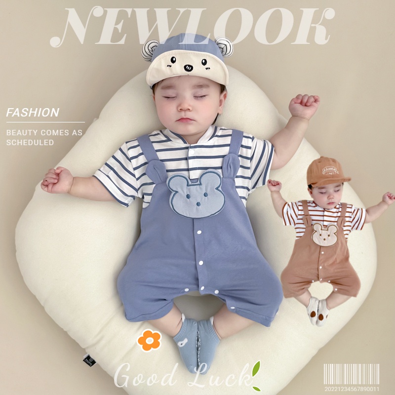 Áo Liền Quần Bằng Cotton Tay Ngắn In Hình Gấu Dễ Thương Thời Trang Mùa Hè Phong Cách Hàn Quốc Cho Bé Trai Và Gái 0-18