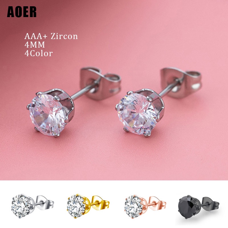 1 Cặp Bông Tai Titan Đính Đá Zircon 4MM Cho Nam Nữ