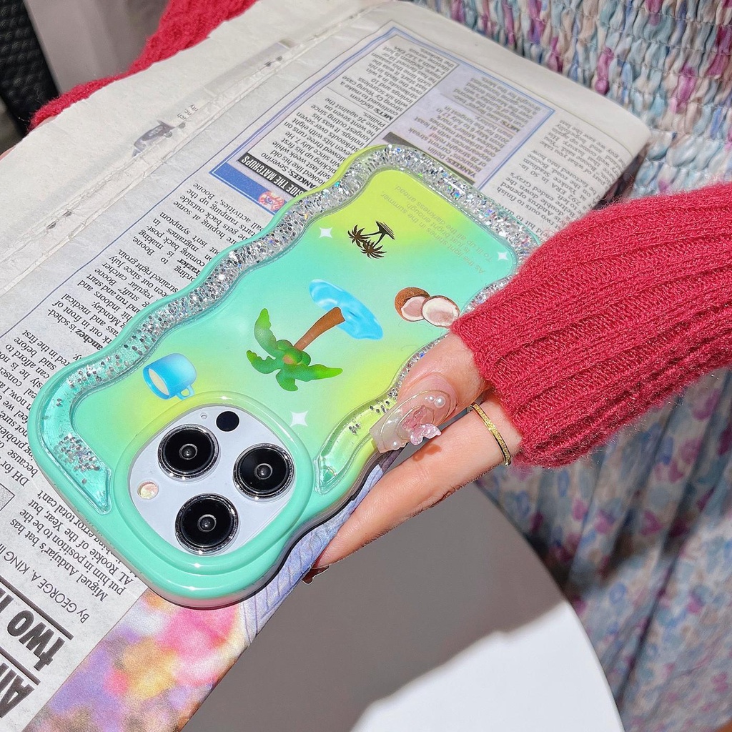 Ốp Điện Thoại TPU Dẻo Họa Tiết Cây Dừa Có Nước Kim Tuyến Lấp Lánh Chống Sốc Cho iPhone 12 13 14 Pro Max