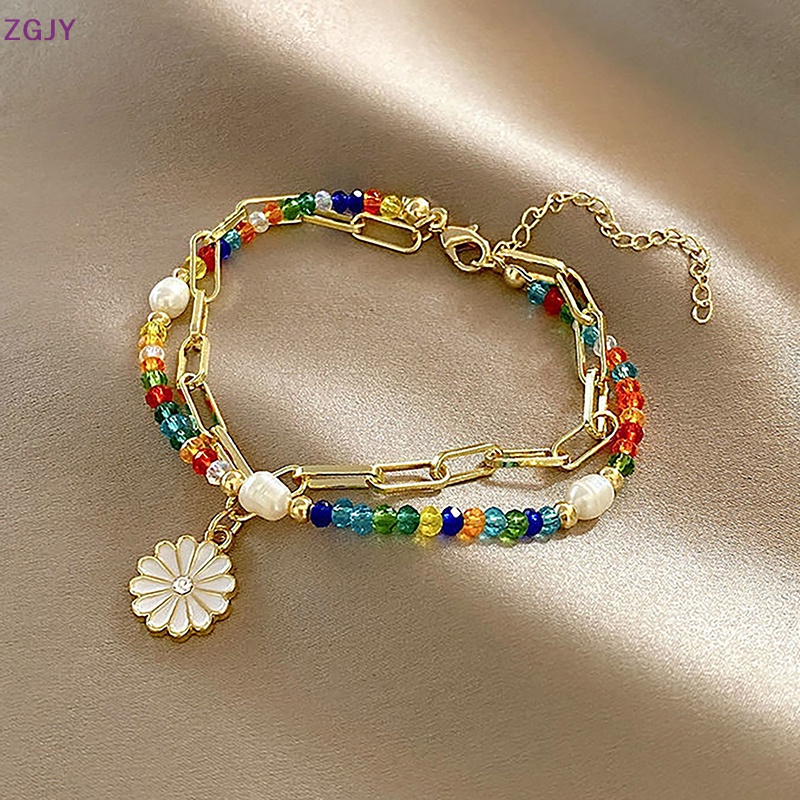 Vòng Tay Chuỗi Hạt Hai Màu Gắn Hoa Cúc Thời Trang Mùa Hè Cho Nữ Mới