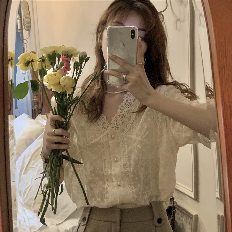 Áo sơ mi SUXI tay ngắn cổ chữ V dáng rộng đơn giản thời trang mùa hè cho nữ