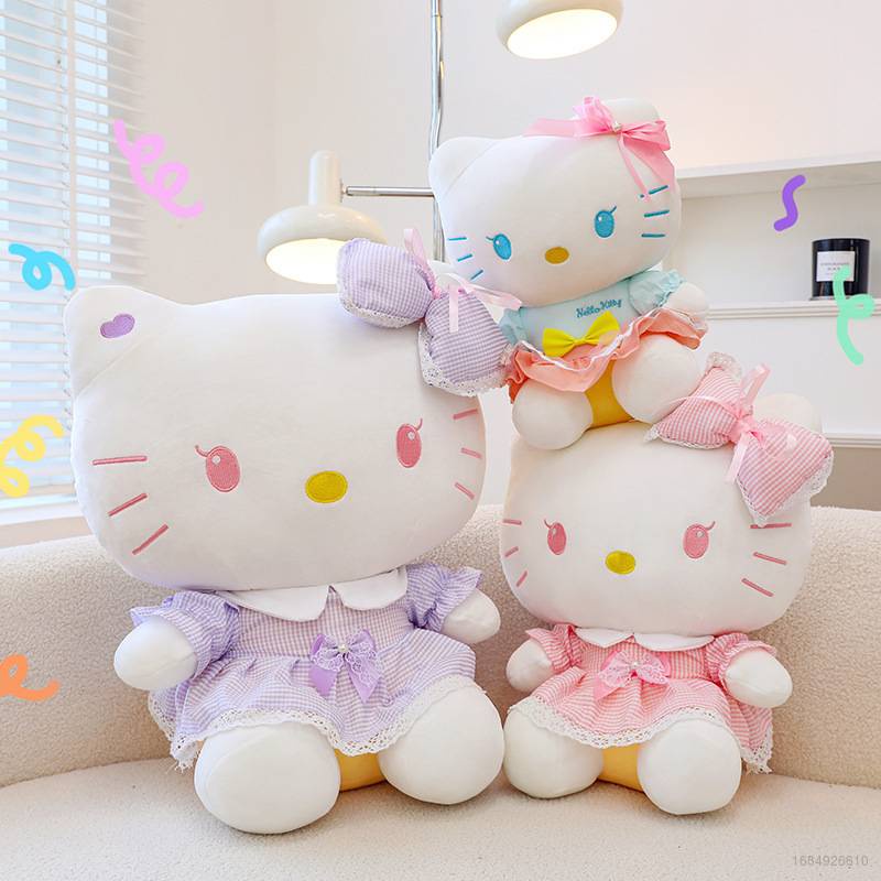 SANRIO Thú Nhồi Bông Hình Mèo Hello Kitty Mặc Đầm Kẻ Sọc Caro Đính Nơ Dễ Thương Cho Bé Gái